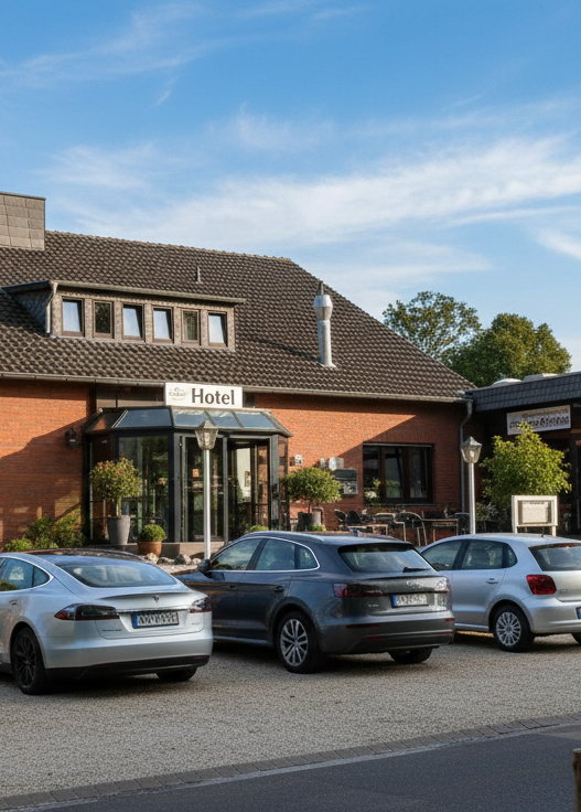 Ein modernes Gebäude mit roten Ziegeln und mehreren Autos davor, unter blauem Himmel.